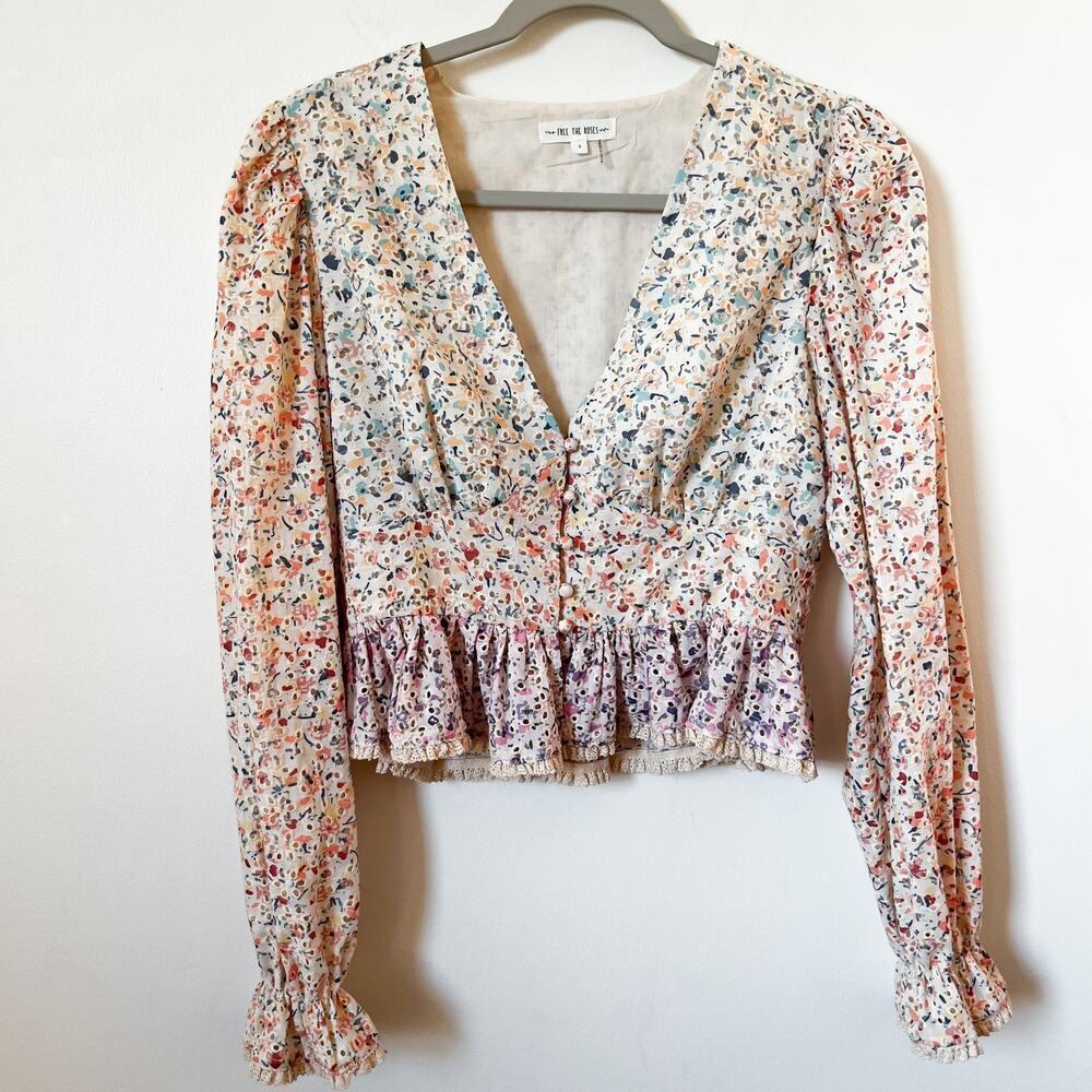 Free the Roses V-Neck Eyelet Floral Rainbow Crop Top Coquette Feminine Small